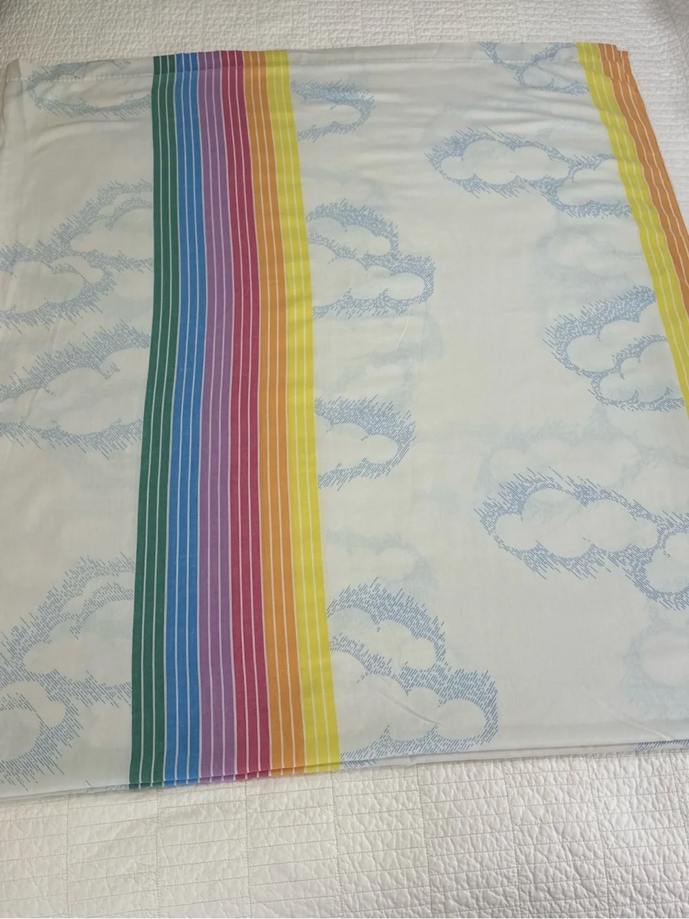 Vintage Full Flat Sheet Rainbow Stripe Cloud Print Cottagecore Retro Bedding